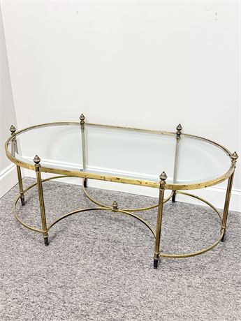 LABARGE HOLLYWOOD REGENCY ~ Vtg. Brass Oval Coffee Table With Beveled Glass