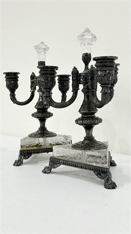 PAIRPOINT ~ Pair of 3-Armed Metal & Glass Candelabra