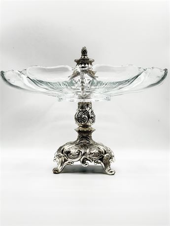 12” Ornate Metal Epergne With Glass Serving Dish