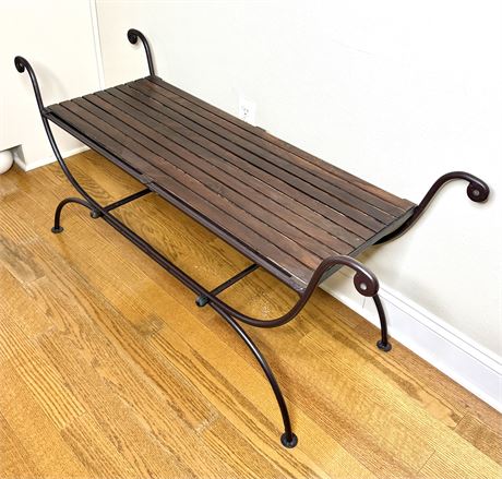 Slatted Coffee Table Bench with Iron Rails