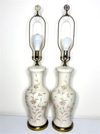 Set of 2 Vtg Porcelain Floral Lamps with Asian Finials