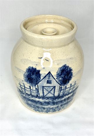 Handmade Lidded Crock with Painted Barn - Casey Pottery/Marshall Pottery