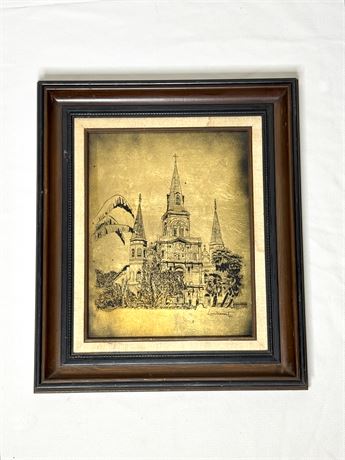 Vintage Framed St. Louis Cathedral Painting on Canvas - Lambremont 1977