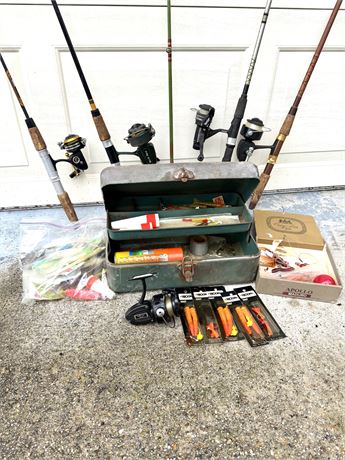 Lot of 5 Fishing Rods with Tackle Box and Lures