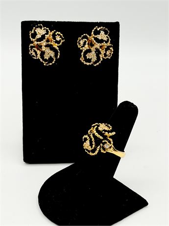 18KT HGE ~ Ruffled Floral Ring & Earrings Set ~ Size 7 Ring