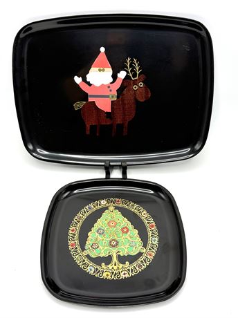 Vintage Couroc Santa and Tree Christmas Serving Trays