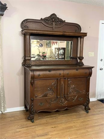 Antique Tiger Oak Buffet Server With Carved Wood & Clawfeet