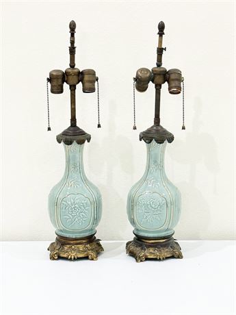 Pair (2) Vtg Porcelain W/ Gold Trim Floral Lamps