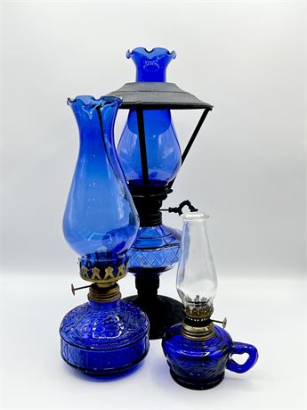 Cobalt Blue Glass Oil Lamps ~ Set Of (3)