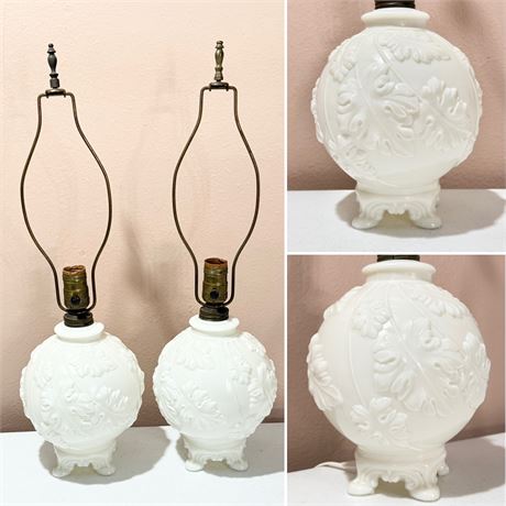 ALADDIN ~ Pair (2) Alacite Leaf Design Milk Glass Table Lamps