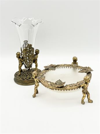 Vtg. Brass & Glass Bud Vase & Trinket Dish