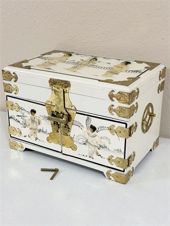 White Wooden Asian Themed Jewelry Chest