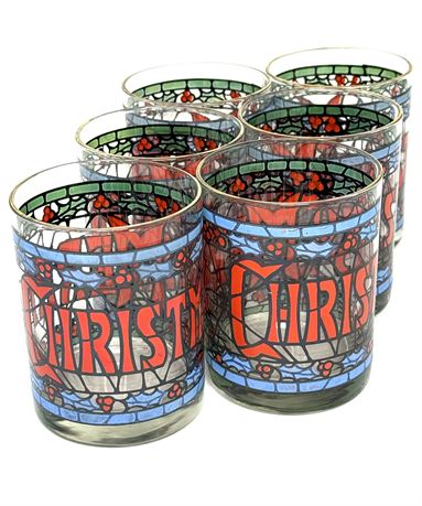 Set of 6 Vintage Houze MERRY CHRISTMAS Stained Glass Style Lowball Glasses