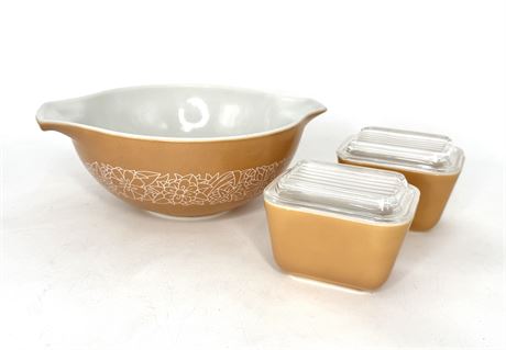 Pyrex Cinderella Bowl and 2 Refrigerator Dishes - Woodland Pattern