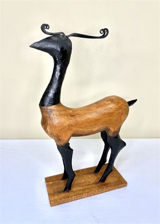21” Tall Deer Statue - Carved Wood with Metal Accents