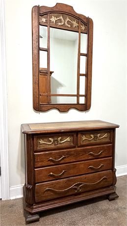 Solid Wood Hand Carved Chest of Drawers with Leather Inlay and Matching Mirror