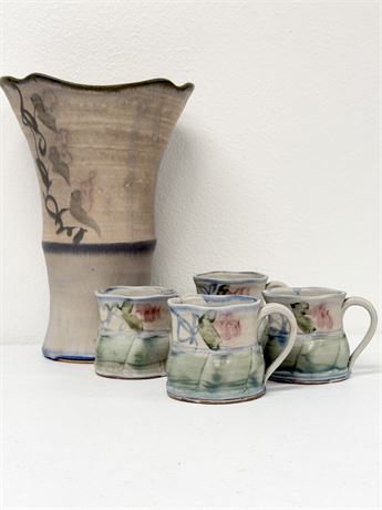 BENNER POTTERY ~  Vtg. Vase & 4 Mugs Art Pottery