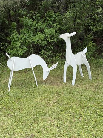 Pair (2) White Wooden Reindeer Lawn Art