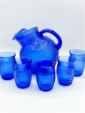 HAZEL-ATLAS ~ Fine Rib Platonite ~ Pitcher & 5 Tumblers ~ 6Pc Set
