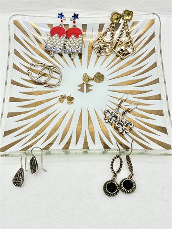 FASHION ~ Lot of 8 Assorted Pierced Earrings W/ MCM Bent Glass Catchall Dish