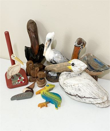 Collection of 9 Carved & Painted Pelicans