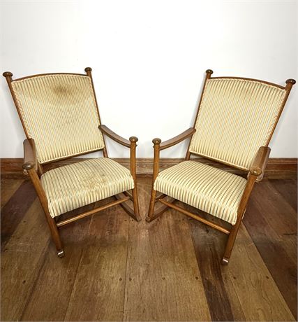 Set of 2 Vintage High Back Wooden Upholstered Rockers - One Needs Reupholstering