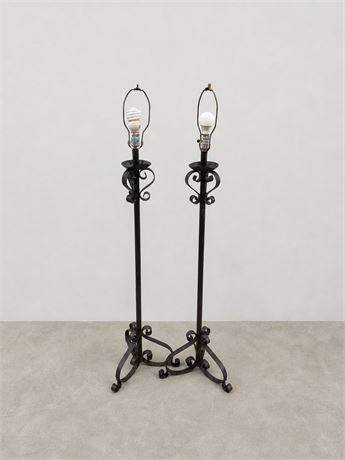 Vtg ~ Spanish Revival Wrought Iron Candlestick Floor Lamps ~ Set of 2