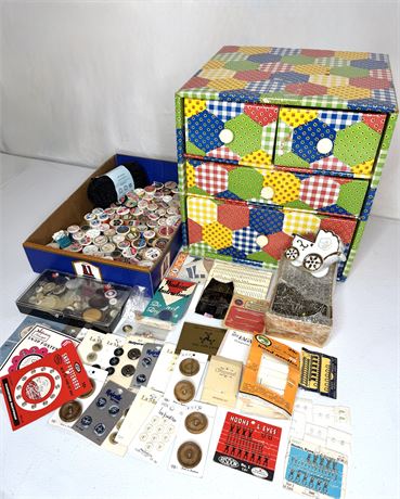 Sewing Lot - Gingham Notions Box, Vintage Spools, and Other Notions!
