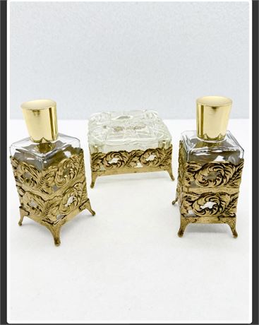 Gold Metal Filigree Vtg. Vanity 3-Piece Set