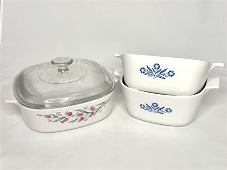 Set of 3 Corning Ware Dishes - Blue Cornflower and Rose Marie