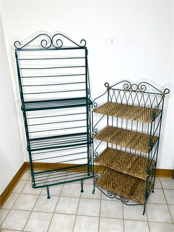 Green Wrought Iron Shelf Rack Set - Bakers Rack and Rattan Shelf