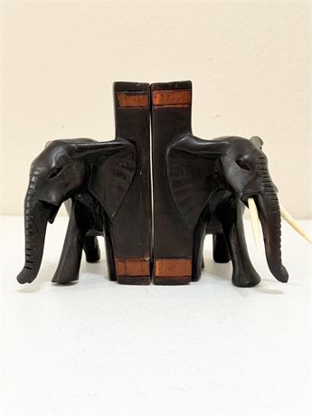 Pair (2) Hand Carved Solid Wood Elephant Bookends