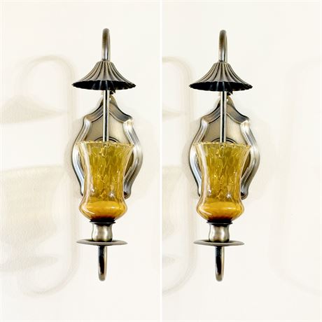 Pair (2) ~ Bronze Finish Wall Sconces With Amber Votive Holders