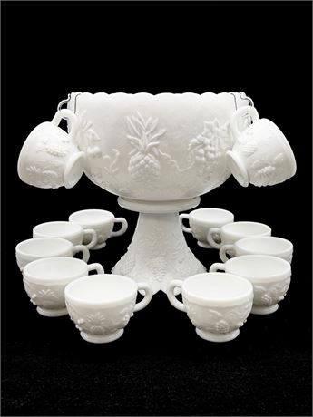 WESTMORELAND ~ Fruit Milk Glass ~ Cupped Punch Bowl With Stand & 12 Cups