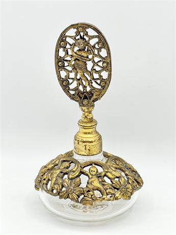 Vtg. Ormolu & Glass Perfume Bottle With Cherubs