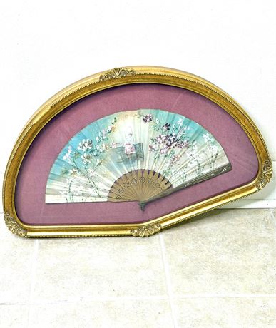 Vintage Hand-Painted Fan in Fan-Shaped Gilded Frame