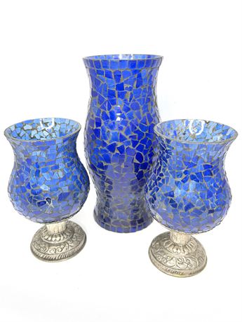 Set of Decorative Blue Mosaic Glass Vases / Candleholders