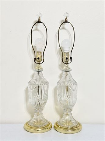 Pair (2) ~ 28” Cut Glass & Brass Urn Style Table Lamps
