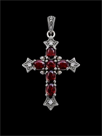 Vtg ~ Sterling Silver And Red Garnet/Mercantile Gemstone Cross