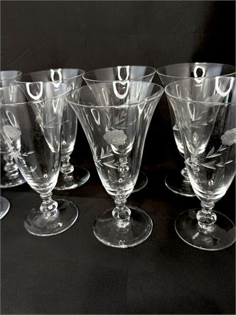Set of 8 Fostoria Glassware Etched Rose Water Goblets