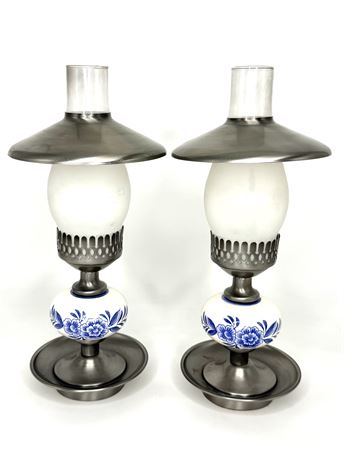 Vintage Blue and White Hurricane Lamp Candlestick Holders