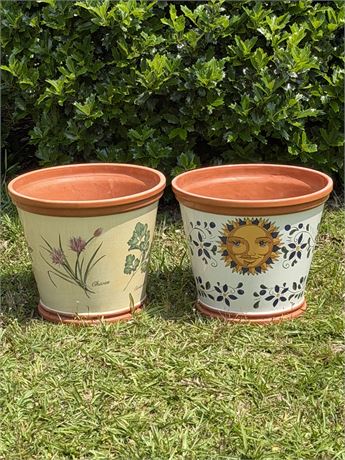 Pair (2) 12” Terracotta Planters With Sun & Botanical Motifs