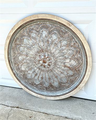 Large Round Medallion Wall Hanging - Wood Frame with Tin Design