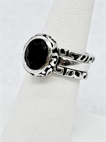 Sterling Silver & Black Gemstone Stackable With Decorative Scrollwork