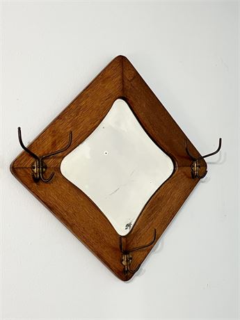 Oak Beveled Mirror With Hat/Coat Hooks