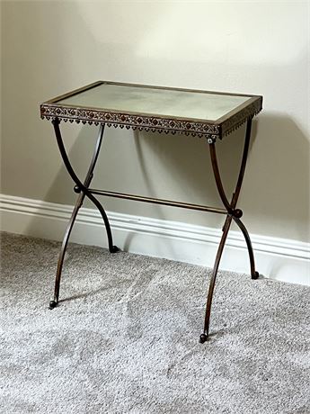 Metal Floral Design Accent Table With Smoked Mirrored Top