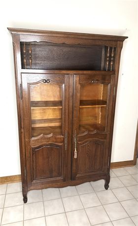 Antique Hand Carved Oak China Cabinet with Glass Doors and Adjustable Shelves