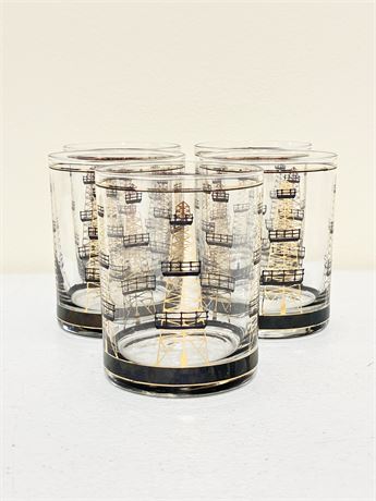 CULVER ~ Set of (5) MCM Double Old-Fashioned Glasses W/ 22K Gold Trim