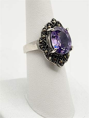 Sterling Silver Amethyst & Marcasite Ring - Size 7