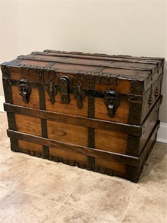 Vtg. Wood Steamer Trunk With Metal Accents